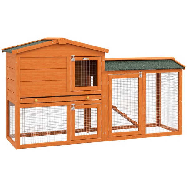 PawHut Hasenstall 2 Ebenen Kaninchenstall aus Tannenholz Winterfest Doppelstockhaus mit Freilaufgehege Wanne Rampe 150x45x85 cm Kaninchenkäfig Outdoor Kleintierstall für Hasen Meerschweinchen Orange