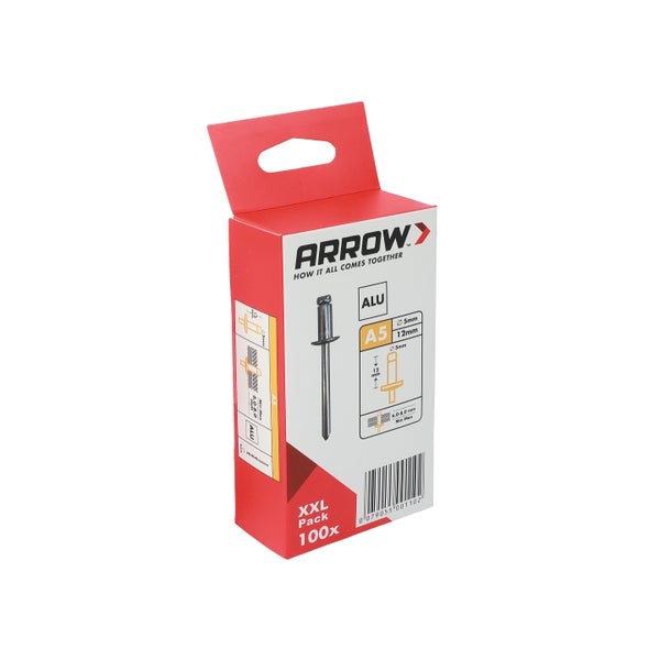 Packung mit 100 Arrow Aluminium Blindnieten A5, Durchmesser 5 Millimeter, Länge 12 Millimeter, für Materialstärken von 6 bis 8 Millimeter.
