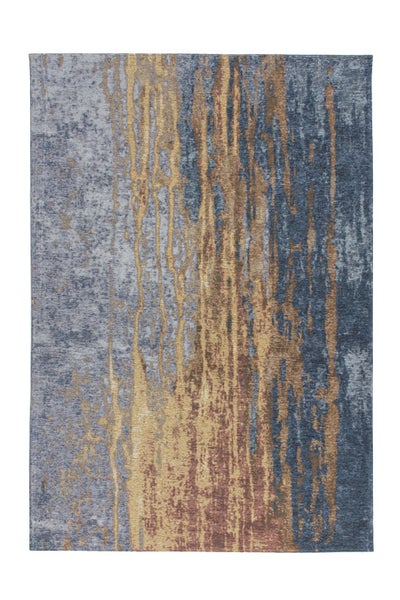 Rechteckiger Teppich mit abstraktem vertikalem Muster in Blau, Gold und Grau.