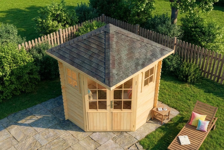 Fünfeckiges Gartenhaus aus Holz mit Zeltdach aus Bitumenschindeln, Doppeltür und Seitenfenstern auf einer Steinterrasse in einem hellen Garten.