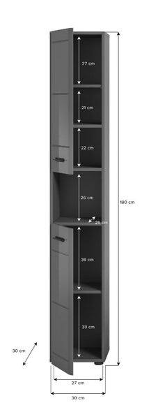 Grauer Hochschrank für das Badezimmer mit Maßen: Höhe 180 Zentimeter, Breite 30 Zentimeter, Tiefe 30 Zentimeter und sechs Fächern.