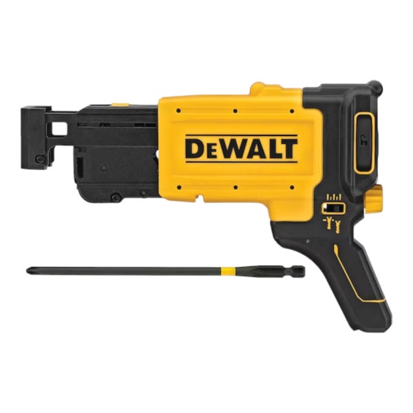 Gelber und schwarzer Magazinvorsatz für Trockenbauschrauber mit DeWALT Logo und einem langen Schrauberbit.