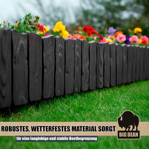 Beetbegrenzung aus Holz mit Blumen im Garten