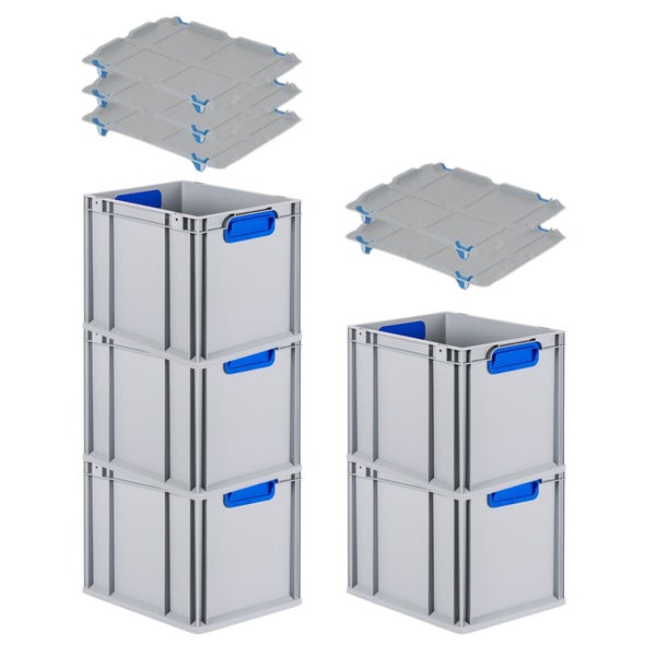 PROREGAL Spar Set 5x Eurobox Nextgen Color Mit Auflagedeckel & Schiebeschnappverschlüsse HxBxT 32 x 30 x 40 cm Griffe Blau Geschlossen Glatter Boden