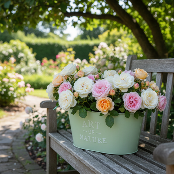 Weiße, rosa und pfirsichfarbene Rosen in einer hellgrünen Metallwanne mit der Aufschrift Art of Nature auf einer hölzernen Gartenbank.