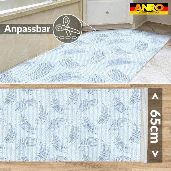 Zuschneidbare Weichschaummatte mit abstraktem Linienmuster im Badezimmer, 65 Zentimeter Breite. ANRO Logo.