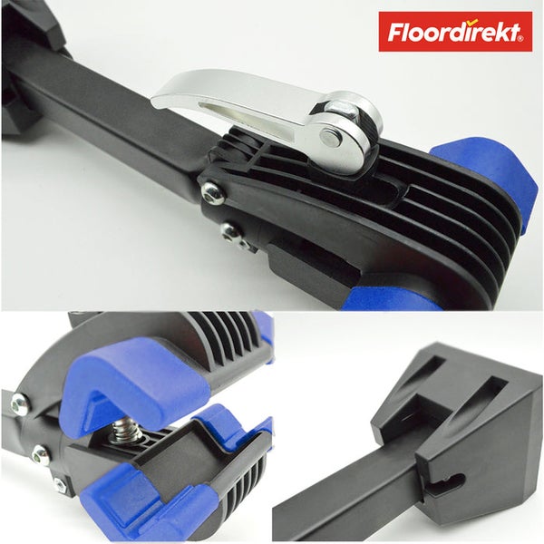 Bildausschnitte einer Zugeinrichtung zum Verlegen von Bodenbelägen mit Hebel und Spannbacken