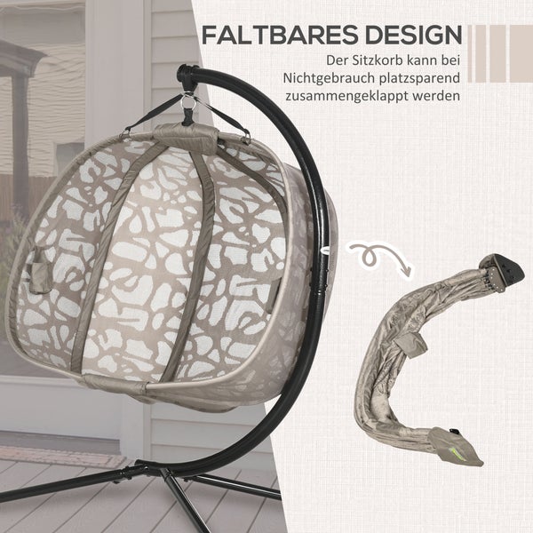 Outsunny Hängesessel, 2 Sitzer Hängestuhl mit Kissen, für Indoor, Outdoor, bis 240 kg Belastbar, 130L x 103B x 172H cm, Polyester+Stahl, Sand
