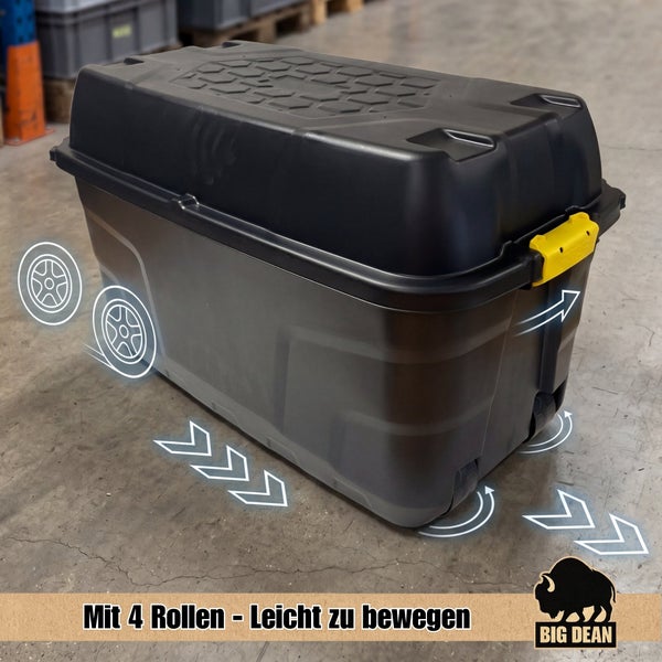 Große mobile Aufbewahrungsbox aus Kunststoff mit vier Rollen und zwei seitlichen Verschlussclips.