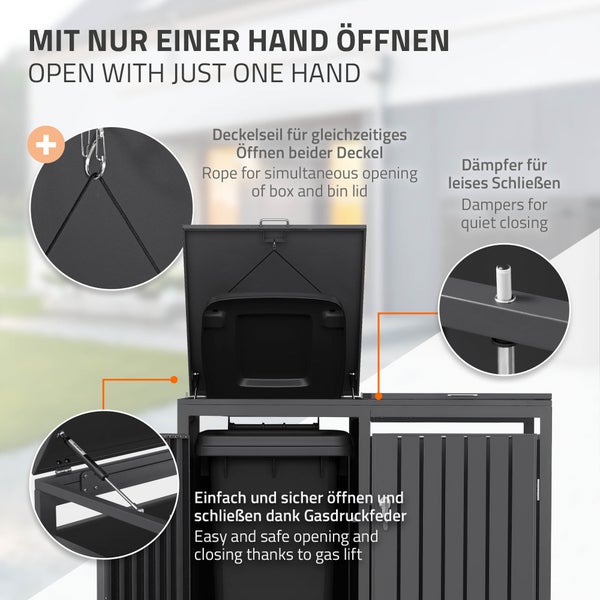 Mülltonnenbox aus Metall mit Gasdruckfeder für leichtes Öffnen, Seilzug für Mülltonnendeckel und Dämpfern für leises Schließen.