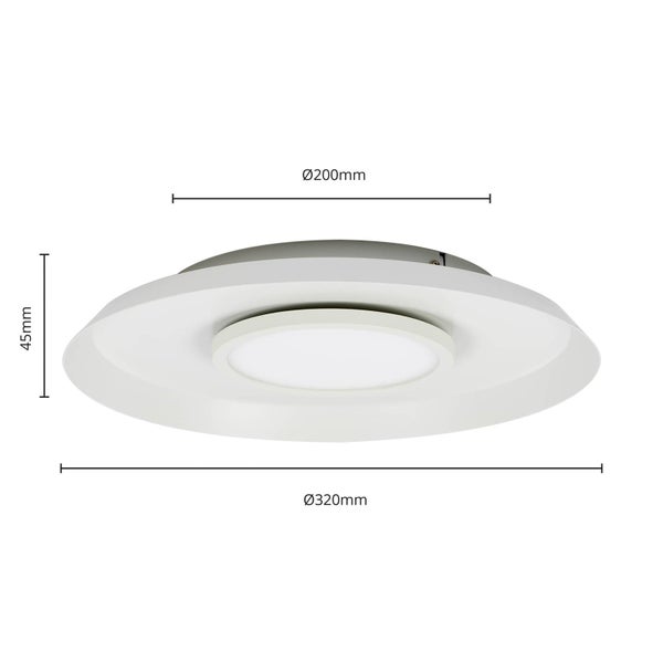 Deckenleuchte mit den Maßen: 45 mm Höhe, 200 mm Durchmesser oben und 320 mm Durchmesser unten.