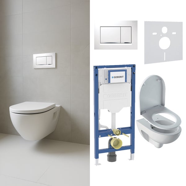 Komplette Sanitärinstallation mit Wand-WC, Vorwandelement, Betätigungsplatte und Montagezubehör.