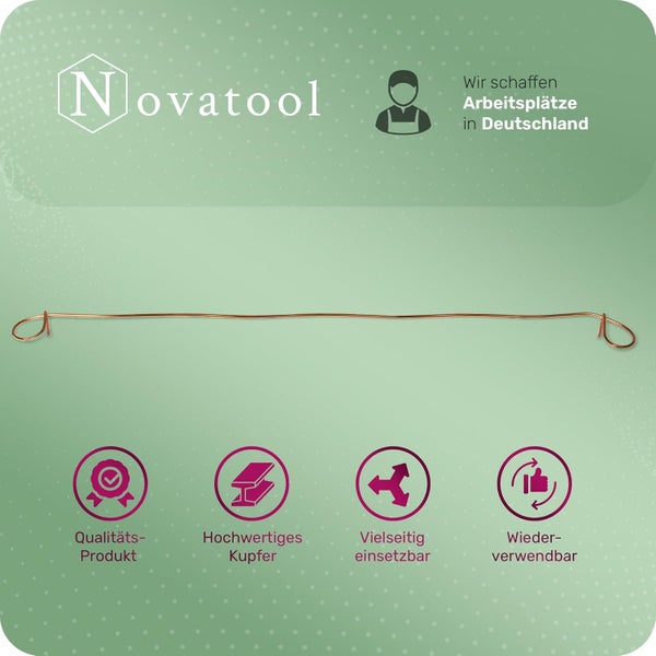 Novatool Logo, Kupferdraht mit Schlaufen. Symbole für Qualitätsprodukt, hochwertiges Kupfer, vielseitige Einsetzbarkeit und Wiederverwendbarkeit.