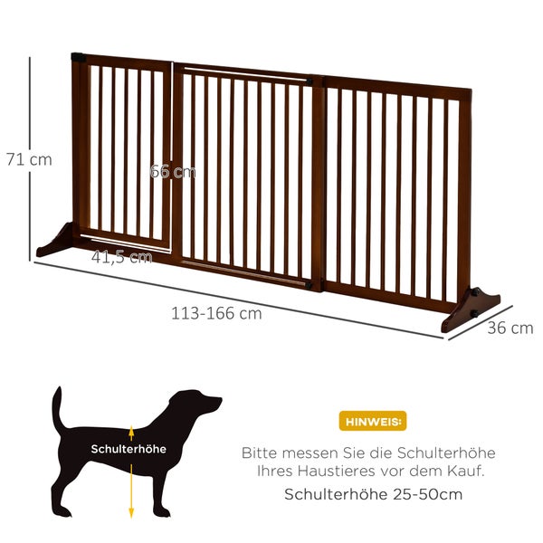 PawHut Absperrgitter Hunde Türschutzgitter Schutzgitter aus Holz Freistehendes Hundegitter mit Tür Hundeabsperrgitter Konfigurationsgitter für Kamin & Ofen Braun 113-166 x 36 x 71 cm