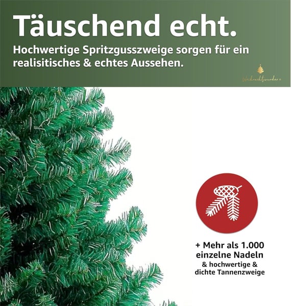 Detailaufnahme eines künstlichen Weihnachtsbaums mit über tausend Nadeln und dichten Zweigen.
