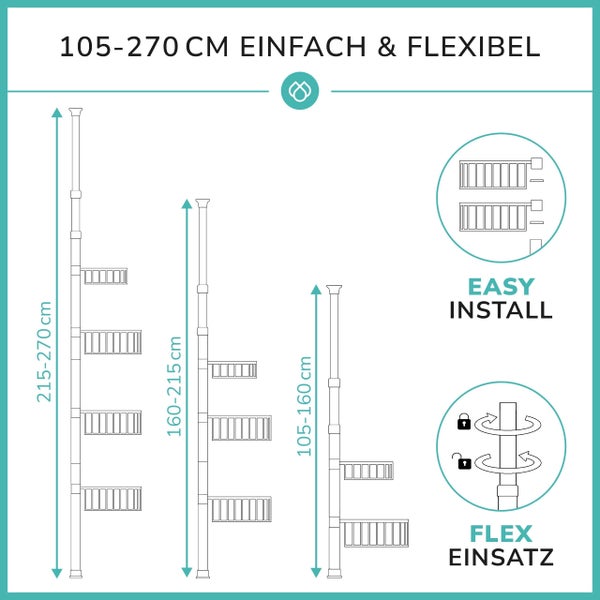Teleskop Duschregal mit 3 Fach Anti-Rost Schutz (Version 2.0) - Stabiles & flexibles 105-270cm Duschregal Teleskop ohne Bohren - Teleskopregal Bad 4 Körbe - Klemmregal Dusche und Badewanne