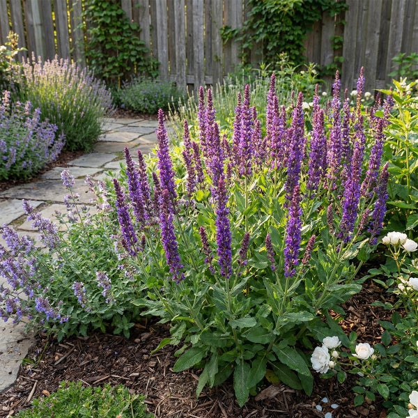 Steppensalbei mit violetten Blütenähren im Gartenbeet neben Steinpfad und Holzzaun.