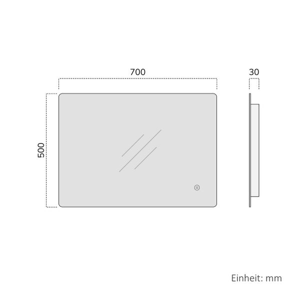 Maßzeichnung eines rechteckigen Spiegels mit abgerundeten Ecken, Breite 700 Millimeter, Höhe 500 Millimeter, Tiefe 30 Millimeter.