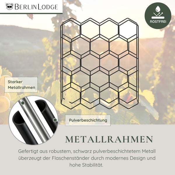 Modernes Flaschenregal aus schwarzem Metall im Waben-Design mit robustem, pulverbeschichtetem Rahmen, rostfrei. Berlin Lodge Logo.