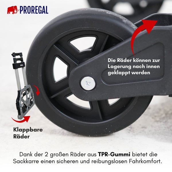 PROREGAL Klappbare Profi-Sackkarre ELEPHANT HxBxT 110x39x42cm Traglast 70kg Aluminiumrahmen, ergonomische Griffe, TRR Fachgummiräder Schwarz