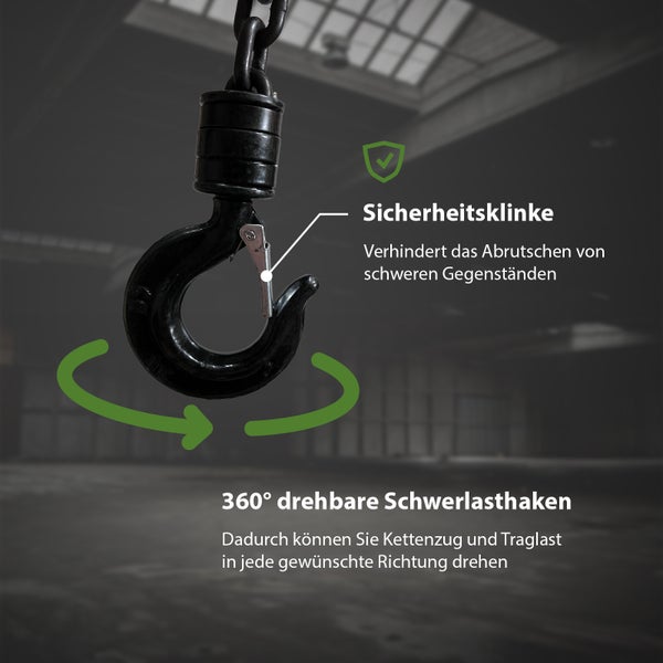Schwerlasthaken für Kettenzug mit Sicherheitsklinke und 360 Grad drehbarer Aufhängung zur flexiblen Ausrichtung der Traglast.