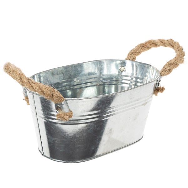 Ovale Zinkschale mit zwei Kordelgriffen für Pflanzen.