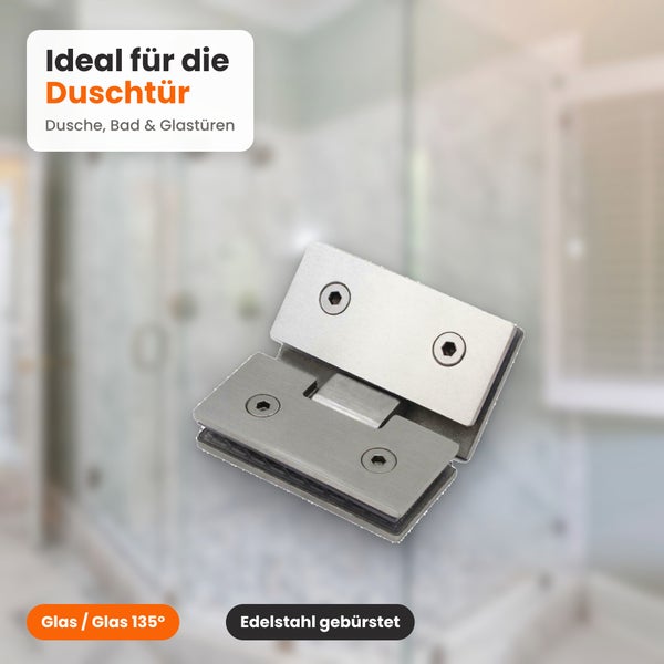 Duschgelenk aus gebürstetem Edelstahl für 135 Grad Glas auf Glas Duschtüren.