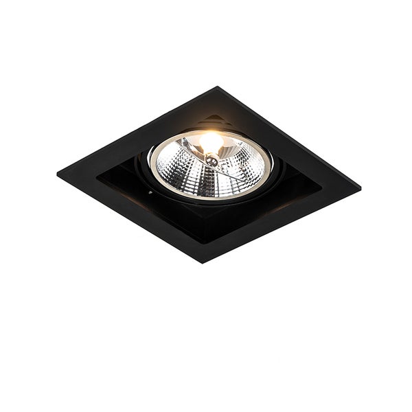 Schwarzer quadratischer Einbaustrahler mit runder, leuchtender Lichtquelle und modernem Metallrahmen.