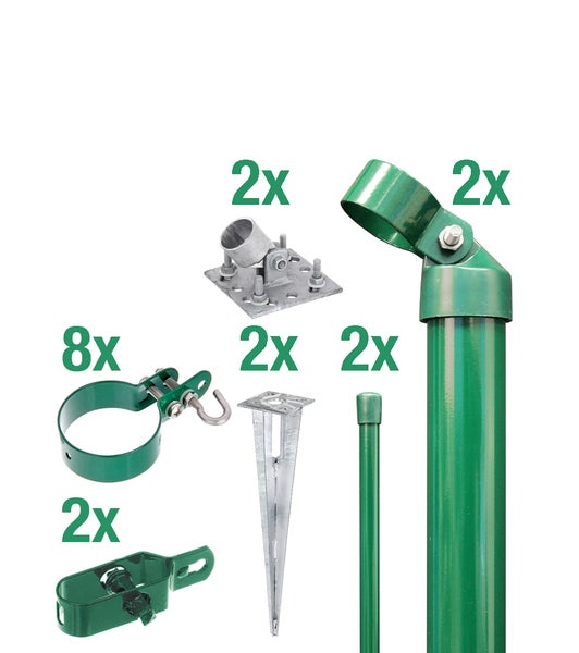 Set mit Zaunpfosten Zubehör, bestehend aus Pfostenhaltern, Bodenankern, Spannschellen und Drahtspannern für Maschendrahtzäune.