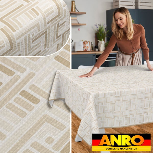 Tischdecke mit geometrischem Muster auf einem Tisch mit einer Frau im Hintergrund. Anro Logo.
