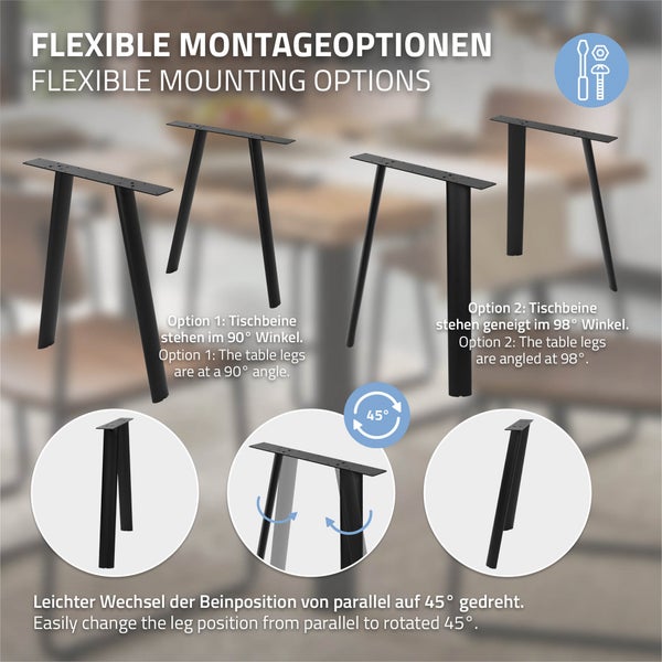 Infografik zeigt flexible Montageoptionen für Tischbeine mit verschiedenen Winkeln und Rotationsmöglichkeiten zur Tischgestaltung.