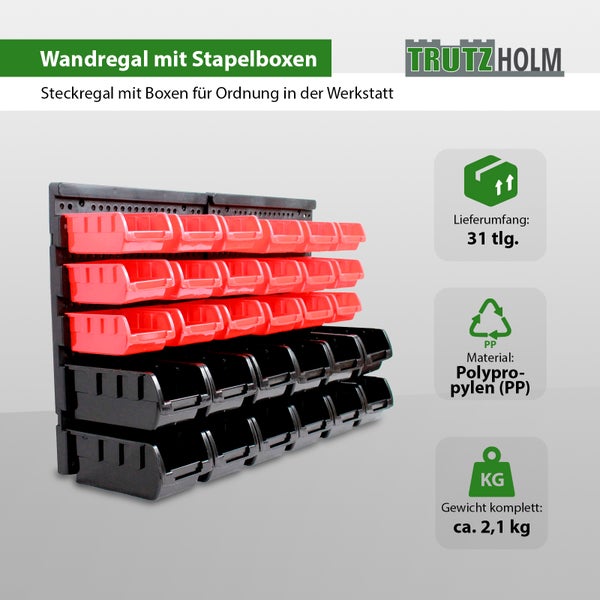 Wandregal mit 30 stapelbaren Sichtlagerkästen in verschiedenen Größen von TrutzHolm für Ordnung in der Werkstatt, 31 teiliges Set aus Polypropylen.