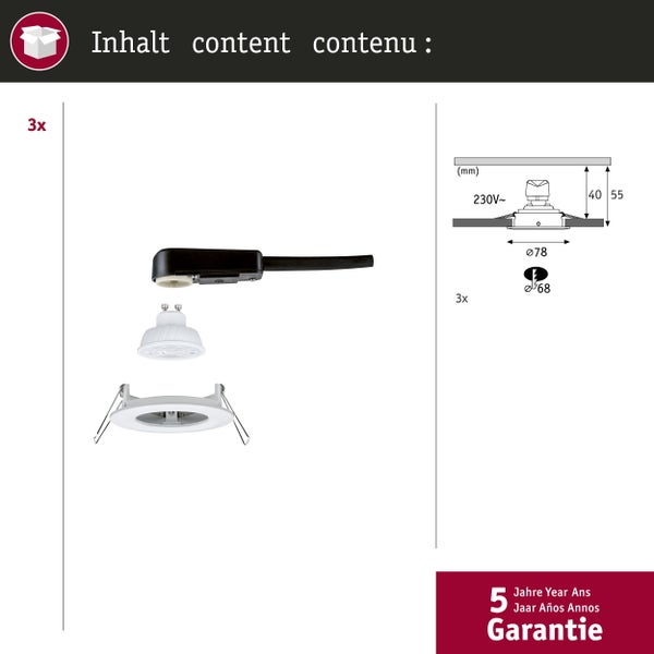 Lieferumfang 3er-Set Einbaustrahler mit Anschlussbox, LED-Leuchtmittel, Einbaurahmen, Skizze mit 68 Millimeter Ausschnitt und 5 Jahre Garantie.