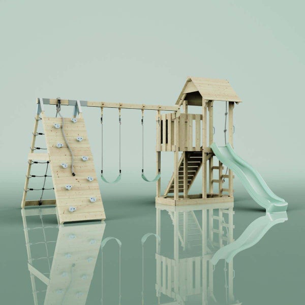 Spielturm aus Holz mit Rutsche, zwei Schaukeln, Kletterwand und Kletterseil.