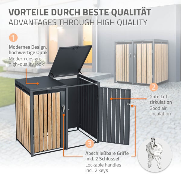 ML-Design Mülltonnenbox 4er 4 Tonnen 240L 264x80x116,3cm Anthrazit-Lärchenoptik, Stahl wetterfest/abschließbar Mülltonnenverkleidung Klappdeckel/4 Türen, Müllbox Mülltonnecontainer Mülltonnenabdeckung