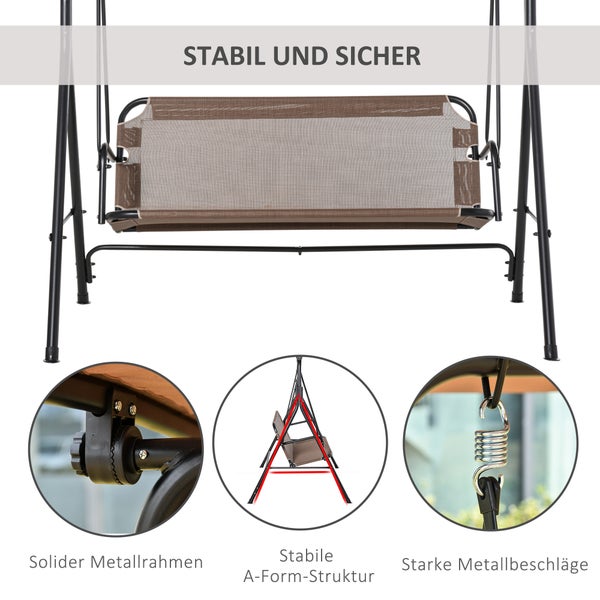 Outsunny Hollywoodschaukel, 2-Sitzer Outdoor Gartenschaukel, UV-beständig, winkeleinstellbar, 172L x 110B x 155H cm, Metallrohr, Braun