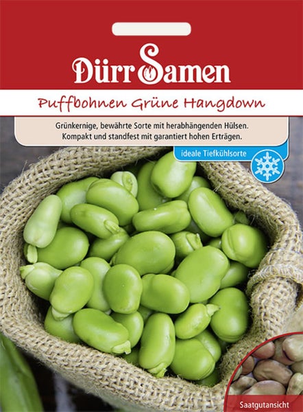 Dürr Samen Logo, Saatgutpackung Puffbohnen Grüne Hangdown mit grünen Bohnen in einem Jutesack und Eignungssymbol für Tiefkühlung.