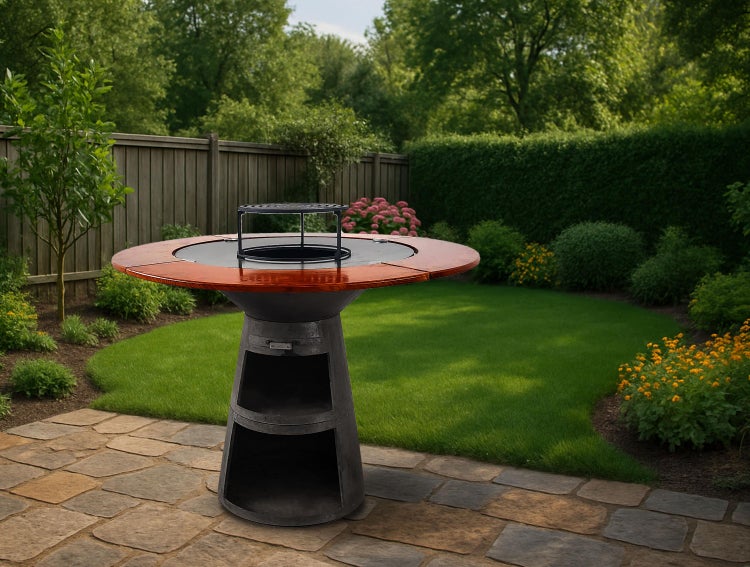 Gartenszene mit Feuerstelle und Grill auf einer Terrasse