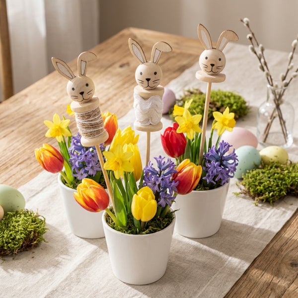 Osterdekoration mit drei hölzernen Osterhasensteckern in weißen Pflanztöpfen mit bunten Tulpen und Hyazinthen auf einem Holztisch.