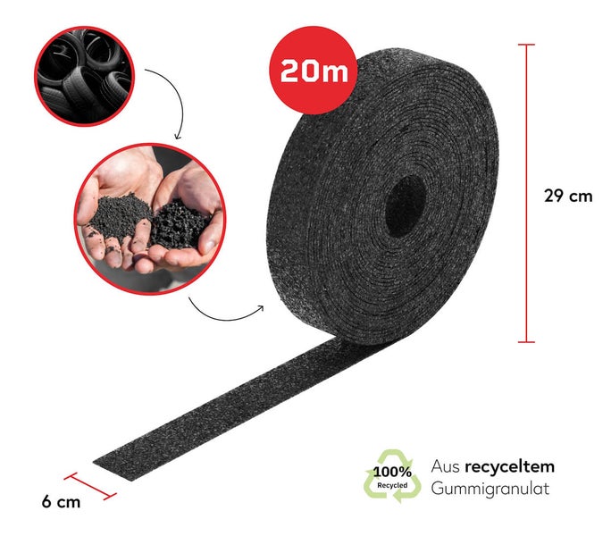 Gummigranulat Rolle, 20 Meter lang, 6 Zentimeter breit und 29 Zentimeter Durchmesser. Hergestellt aus 100 Prozent recyceltem Material.