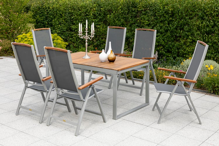 Siena Gartenmöbelset 7tlg., Klappsessel, Ausziehtisch 150 (200) x 90 cm, silber/schwarz