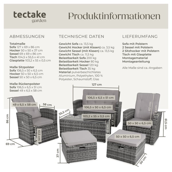 Rattan Lounge tectake Bari mit Sicherheitsglasplatte und Schraubfüßen mit Aluminiumgestell grau