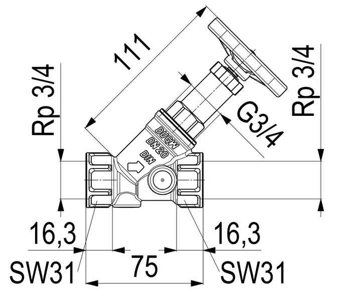 Technische Zeichnung eines Schrägsitzventils mit Maßangaben für DN 20, Anschluss Rp 3/4 Zoll und einer Baulänge von 75 Millimetern.