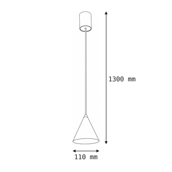 Technische Zeichnung einer Pendelleuchte mit einer Gesamthöhe von 1300 Millimetern und einem Durchmesser von 110 Millimetern.