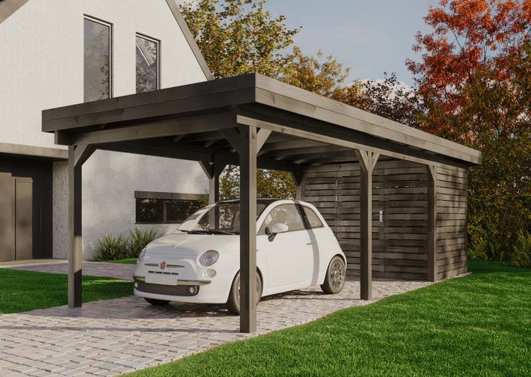 Alpholz Einzelcarport Freya Grey Line Carport aus Holz in Grau, Unterstand inklusive Geräteraum, Überdachung mit Montagematerial