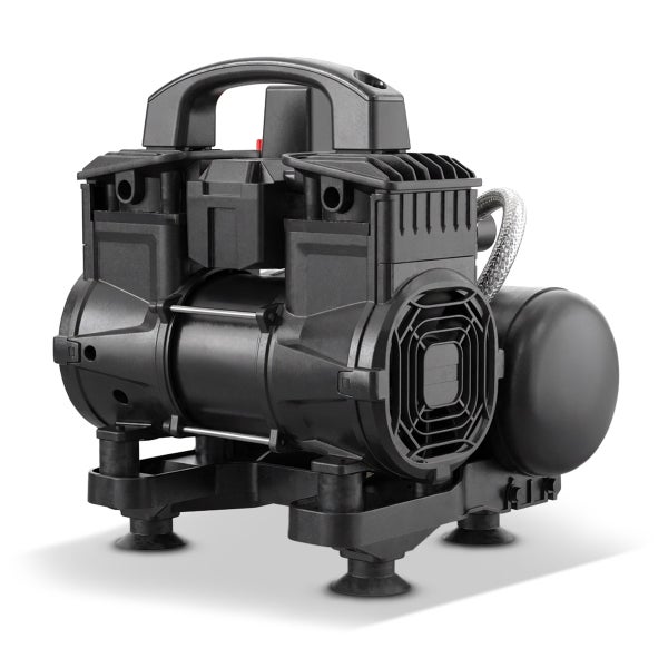 Schwarzer Kolbenkompressor mit Griff für den mobilen Einsatz