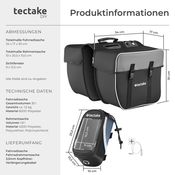 Produktinformationen zu Fahrradtasche und Rahmentasche von tectake mit Maßangaben
