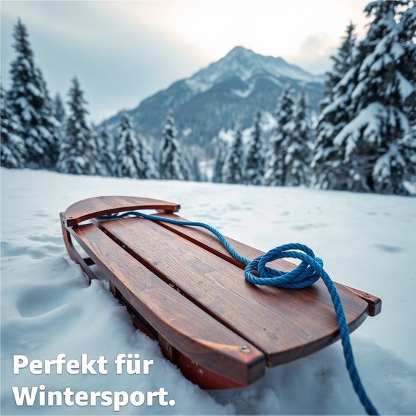 Holzschlitten mit Zugseil im Schnee