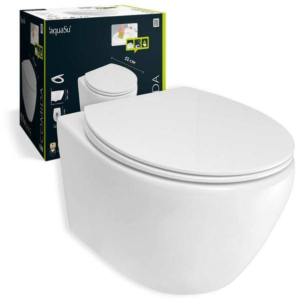 aquaSu® Spülrandloses Wand WC Set Comida, Design-Toilette, Hänge WC, Tiefspüler, Keramik, Abgang waagerecht, WC-Sitz mit Absenkautomatik, Duroplast Toilettendeckel, Weiß, 048798