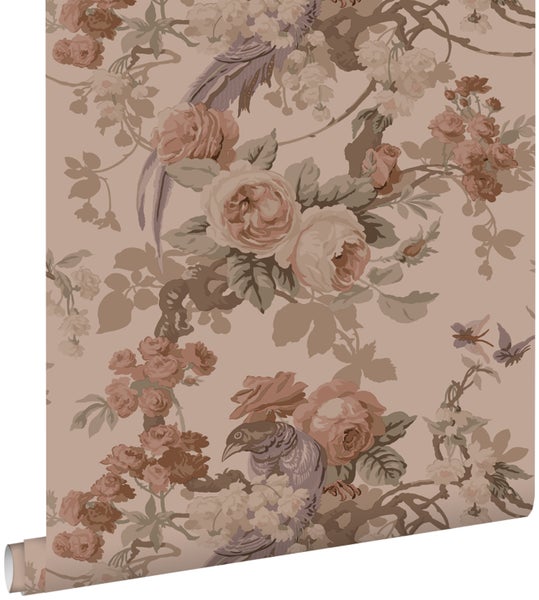 ESTAhome Tapete Blumen und Vögel Altrosa - 50 x 900 cm - 139809